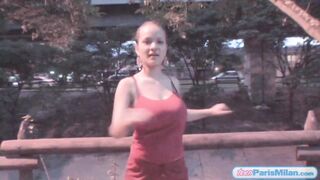 Sexy big breasted teen gets tits out
