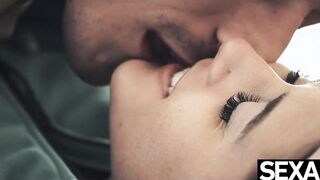 Cute lovers warm up on a snowy day with passionate fucking