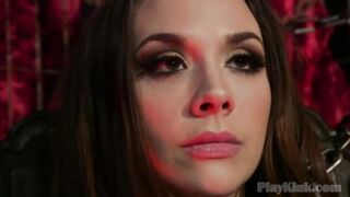 Fetish domina torturing slave in red stockings