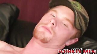 Redhead amateur tugging his long heavy meat & blasting cum