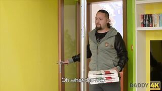 Comely babe enjoys unexpected sex with her man's bald stepdad