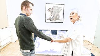 Old Woman gets her bushy muff thumped by young toyboy