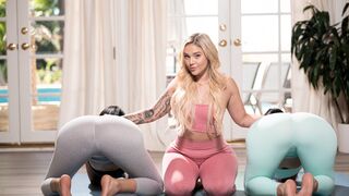 Beautiful yoga instructor Kali seduces hot Carolina & Violet