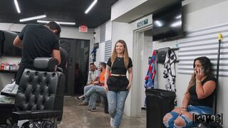 Naughty barber shop co-worker having sneaky sex