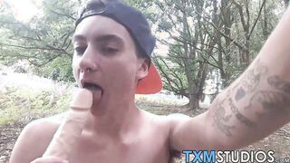 Young FTM meat rider shoves a dildo in his hole outdoors