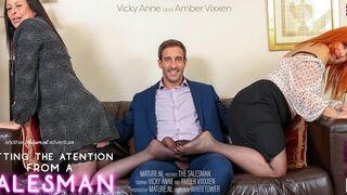 Two horny mature housewives getting it on with a salesman