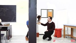 Sexy redhead dorm babe fucks her prof in a classroom