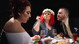 Two heavy mistresses anal fucking man