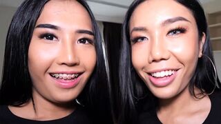 Two teen ladyboys Mos & Meme share a meat in a sexy threesome