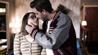 Nerdy petite teen interviews popular classmate & rides huge cock