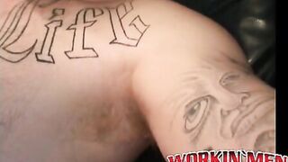 Tattooed homosexual man plays with his bushy cock & cums