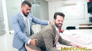 Suited hunk Dani Robles has his tight bushy butt rimmed hard