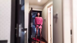 Asian Ladyboy masturbating her shaft flashing it to a female, & cum