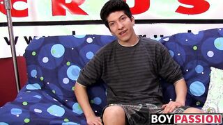 Interviewed young twink jerks off his huge cock & cums