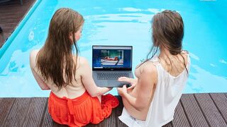 Girlfriends enjoy swimming naked together