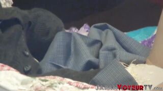 Japanese slut plays with her bushy snatch on secret tape