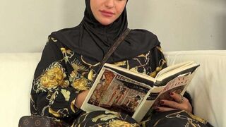 Sweet female in hijab tried on salesman's meat instead of new clothes