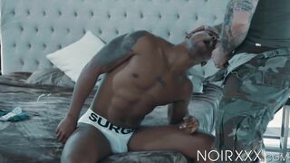 Ebony Jacen Zhu receives intense anal fucking from two white muscled guys