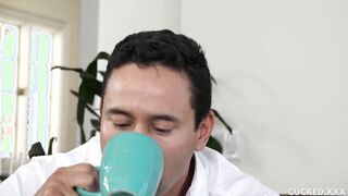 Blonde Janna Hicks rides cock while her hubby watches