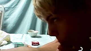 Curly haired dude rides hard meat while smoking a cigar