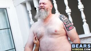 Nasty massive bear makes his cub go on knees to blow his rod