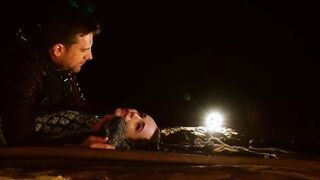 Night time assfucking training by the crackling fire pit for petite babe Brooke Johnso