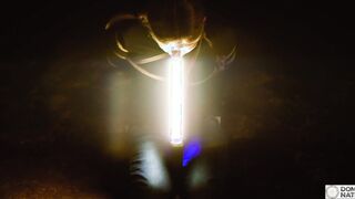 Deepthroating light wand, gagging on prick under the stars