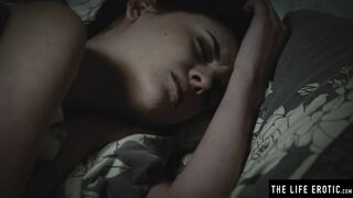 Brunette girl fantasies about being tied up while masturbating