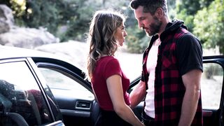 Stranded blonde MILF hitchhikes & fucks huge cock stud outdoors