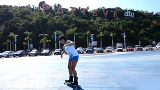 Skateboarding fail of booty Thai MILF who fucks at home after