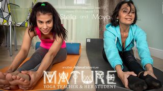 Mature Yoga professor has a special lesson for her lesbian schoolgirl