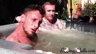 Tattooed redhead homo leaves jacuzzi to jack off meat with lover